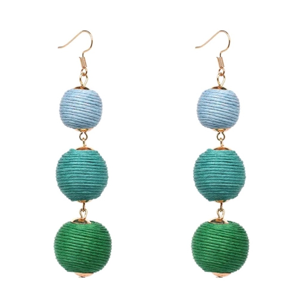 Bohemian Triple Ball Tassel Earrings Green + Blue